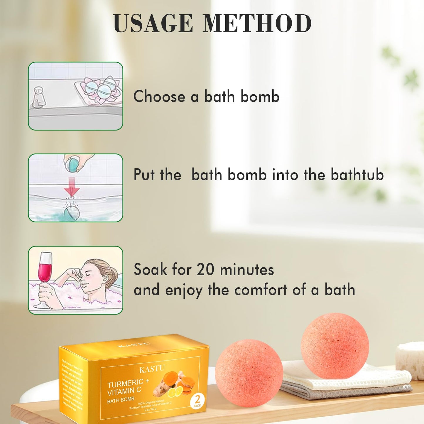 KASTU Bath Bombs Salt Balls,2 Pack,Turmeric Lemon Vitamin C Lemon Extract Essential Oils,Moisturizing Dry Skin,Fizzy Spa,Relaxation,Bubble Bath Bomb Gifts for Men Women