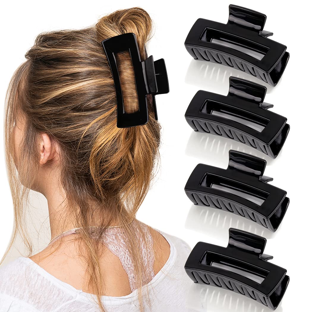 Canitor 4 PCS 4.1 Inch Black Hair Clips Hair Claw Clips Claw Clips for Thick Hair Acrylic Rectangular Hair Clips for Women Barrettes Jaw Clips Hair Clips for Thin Hair Non-slip