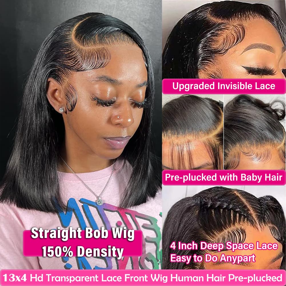 X-TRESS Short Bob Lace Front Wigs Human Hair 13x4 Transparent Lace Front Wigs Human Hair Pre-plucked Tiny Knots 12 Inch Glueless Straight Bob Wigs for Black Women Human Hair