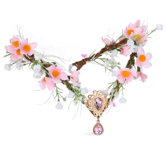 MOSTORY Pink Flower Elf Crown - Handmade Woodland Fairy Headpiece Forest Floral Headband with Crystal Elven Flower Circlet for Women Girls Cosplay Renaissance Mardi Gras