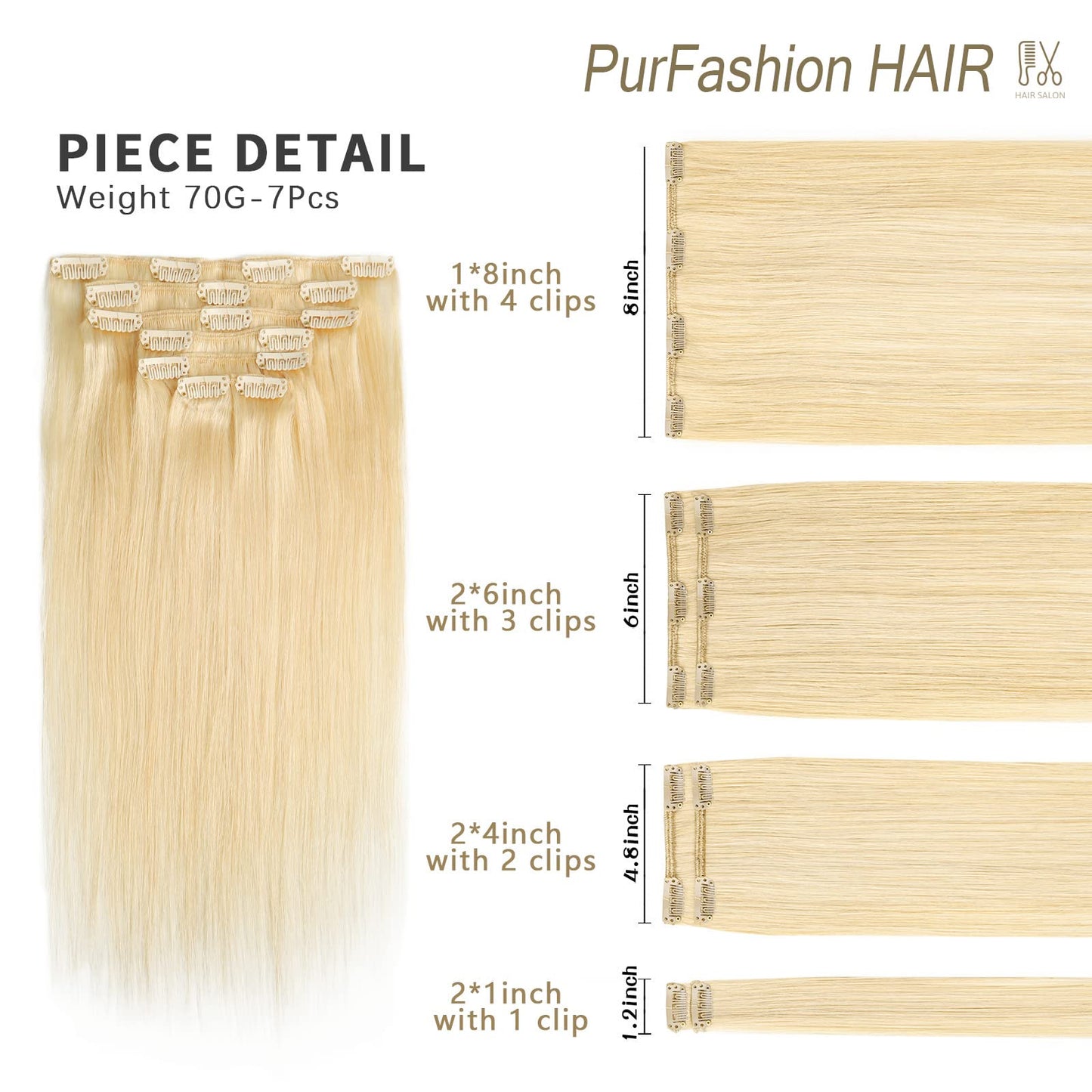 PurFashion Clip in Hair Extensions Human Hair, Color 613 Bleach Blonde Soft Hair Extensions, 70g/package 100% Real Remy Human Hair