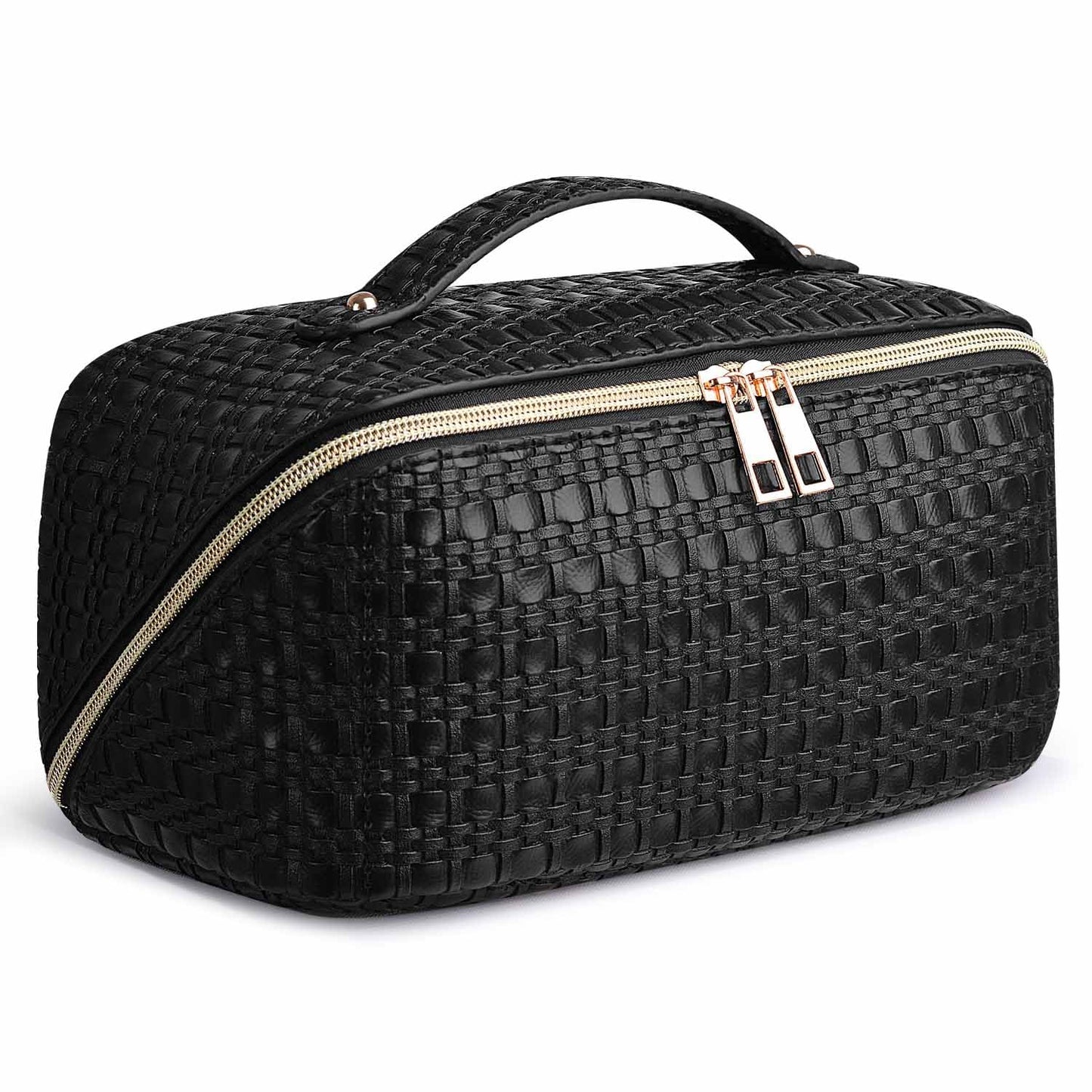 SLUKULU Large Travel Makeup Bag with Multiple Compartments, Waterproof and Easy to Clean. Cute Square Ladies Cosmetics Pouch with Carry Handle for Easy Carrying. (Black)