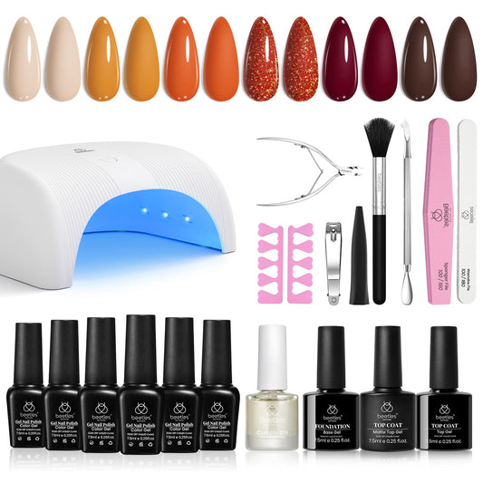 beetles Brown Gel Polish Starter Kit with Uv Light, 6 Colors Red Yellow Orange Brown Glitter Manicure Sunny Stroll Set Base Top Coat Cuticle Oil Matte Accessories Soak Off Led Gifts