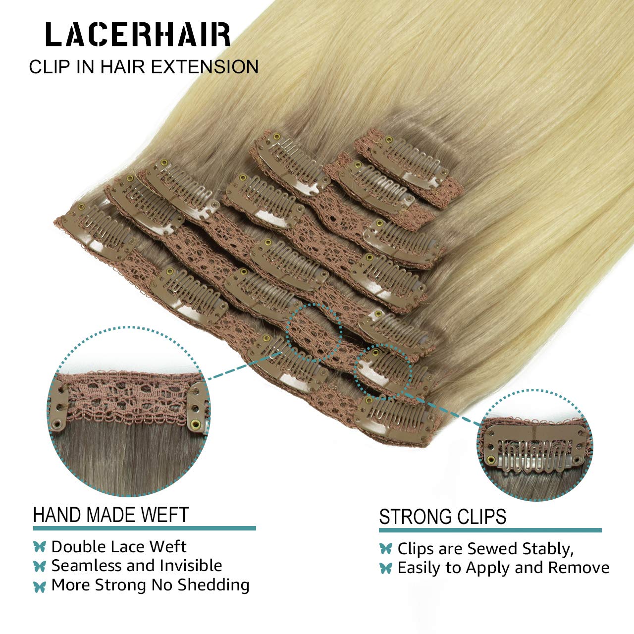 Lacer Real Human Hair Extensions Clip Ins Platinum Blonde with Lightest Brown Roots 120G with 16 Clips 7Pcs Lace Clip in hair 14 Inch