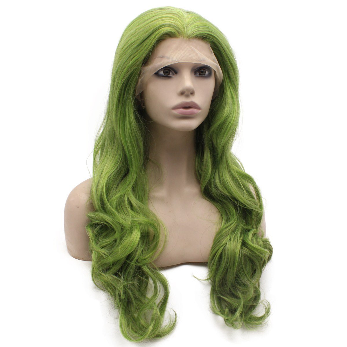 MX angel Long Wavy Hand Tied Swiss Lace Front Green Wig Synthetic