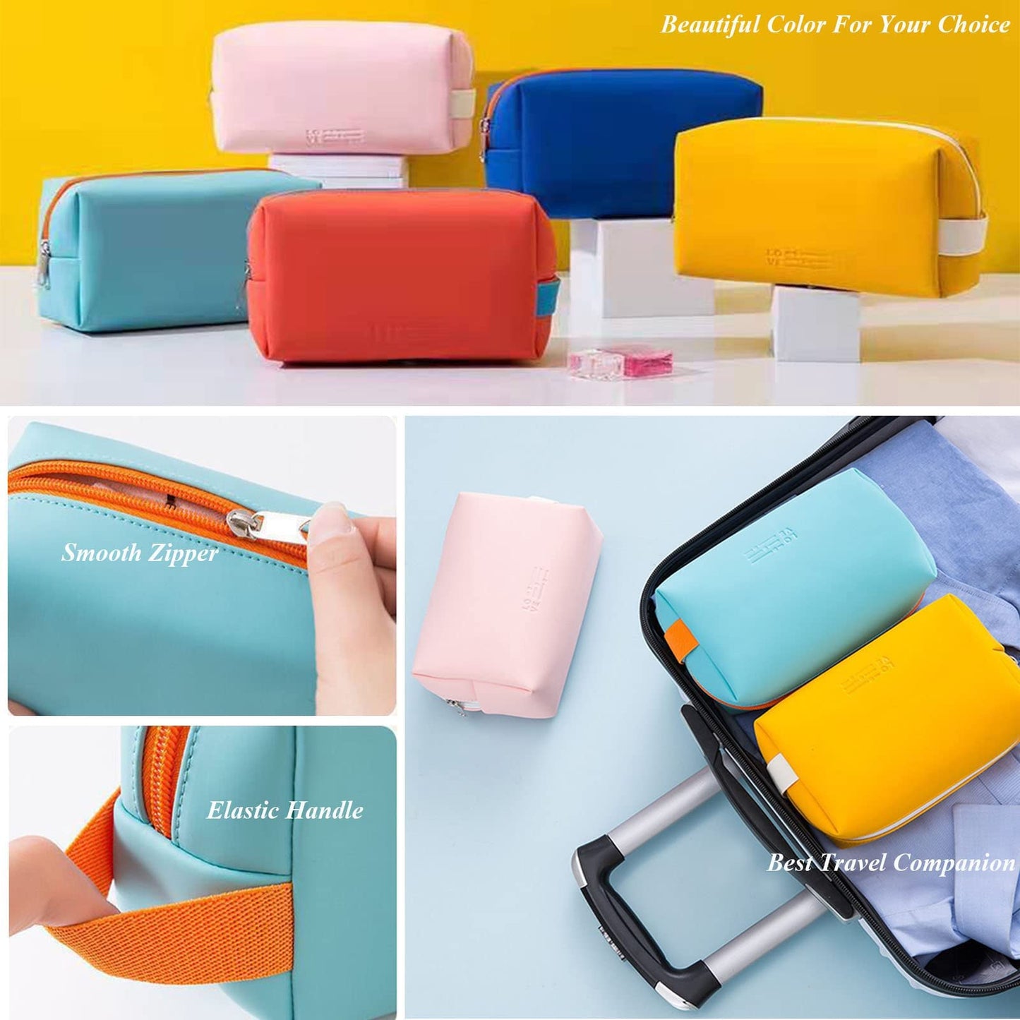 AUSEKALY Makeup Bag Cosmetic Bag Sets 3 Pcs For Women Travel Toiletry Bag for Girl Cute Large Make Up Bag With Brush Bag + Small Cosmetic Pouch Blue Orange