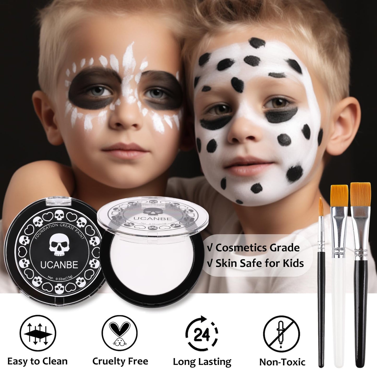 UCANBE Black White Face Body Paint with Painting Brush Kit, Cream-to-Powder Goth White Foundation + Black Greasepaint for Kids & Adult Halloween, SFX Makeup Set for Clown Skull Mime Cosplay & Costume