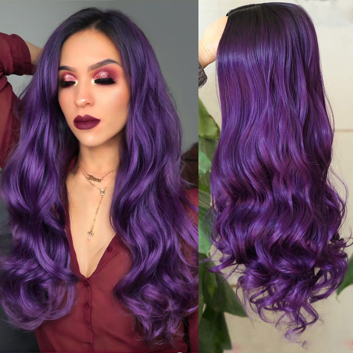 Fancy Hair Ombre Wig Purple Wigs Long Curly Wavy Hair Wigs Heat Resistant 2 Tones Dark Roots Synthetic Wigs for Black Women Daily Party Cosplay