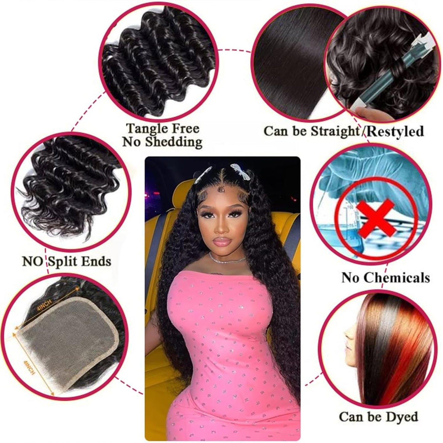 4x4 Deep Wave Lace Closure Human Hair 14 Inch Ear to Ear HD Lace Free Part Closure 100% Brazilian Virgin Human Hair Extensions 150% Density Lace Closure Pre Plucked (14 Inch, Natural Black Color)