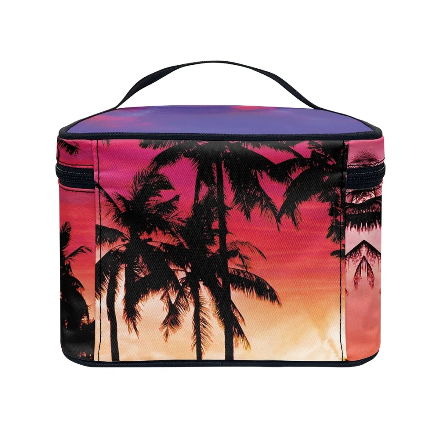 Horeset Palm Tree Print Novelty Women's Cosmetic Bag Waterproof Portable Bag Two-Way Zipper with 5 Brush Slots and 1 Band