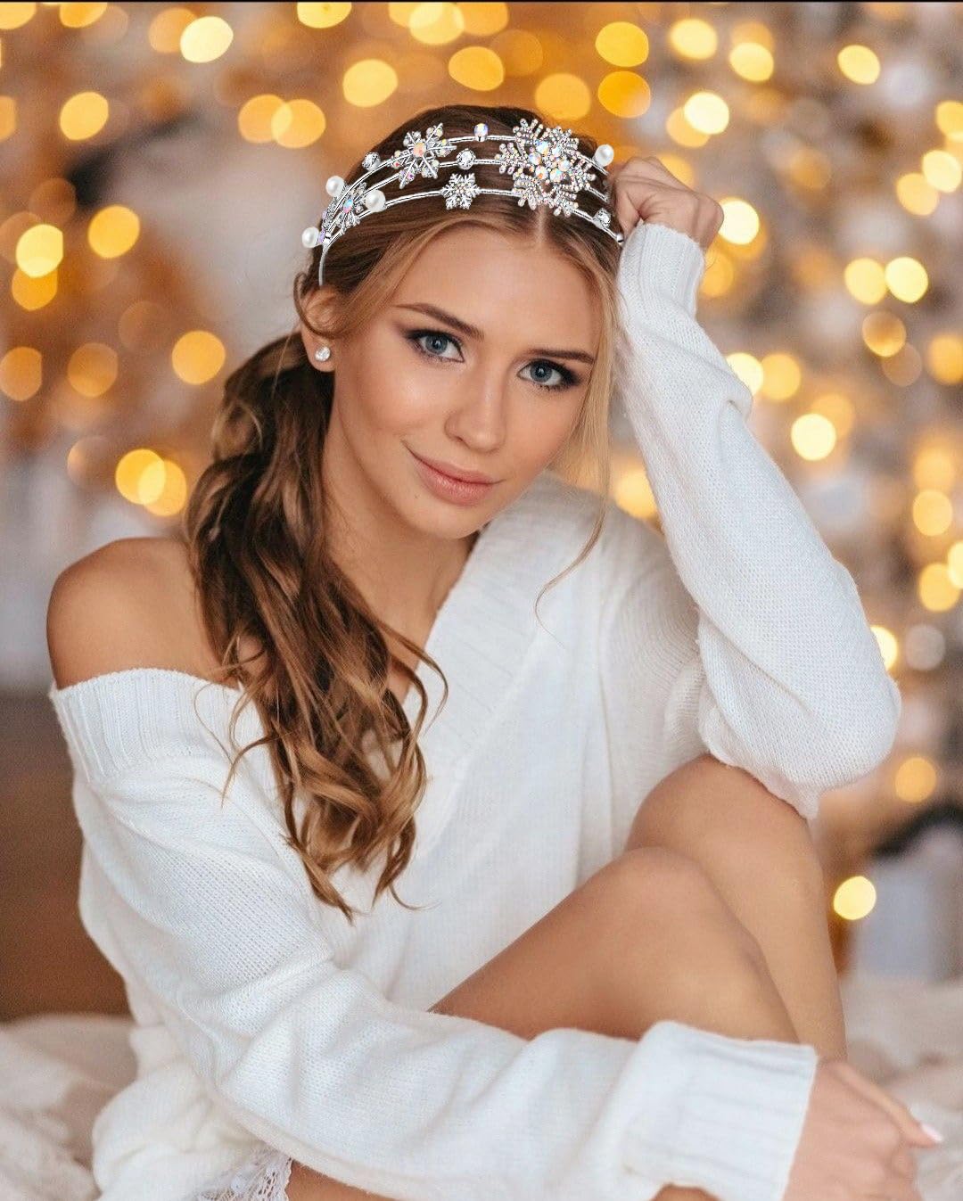 HEIDKRUEGER Christmas New Year Headband Mardi Gras Hairbands for Women Festive Holiday Parade Hair Hoop (Snowflake/Silver AB Crystal)