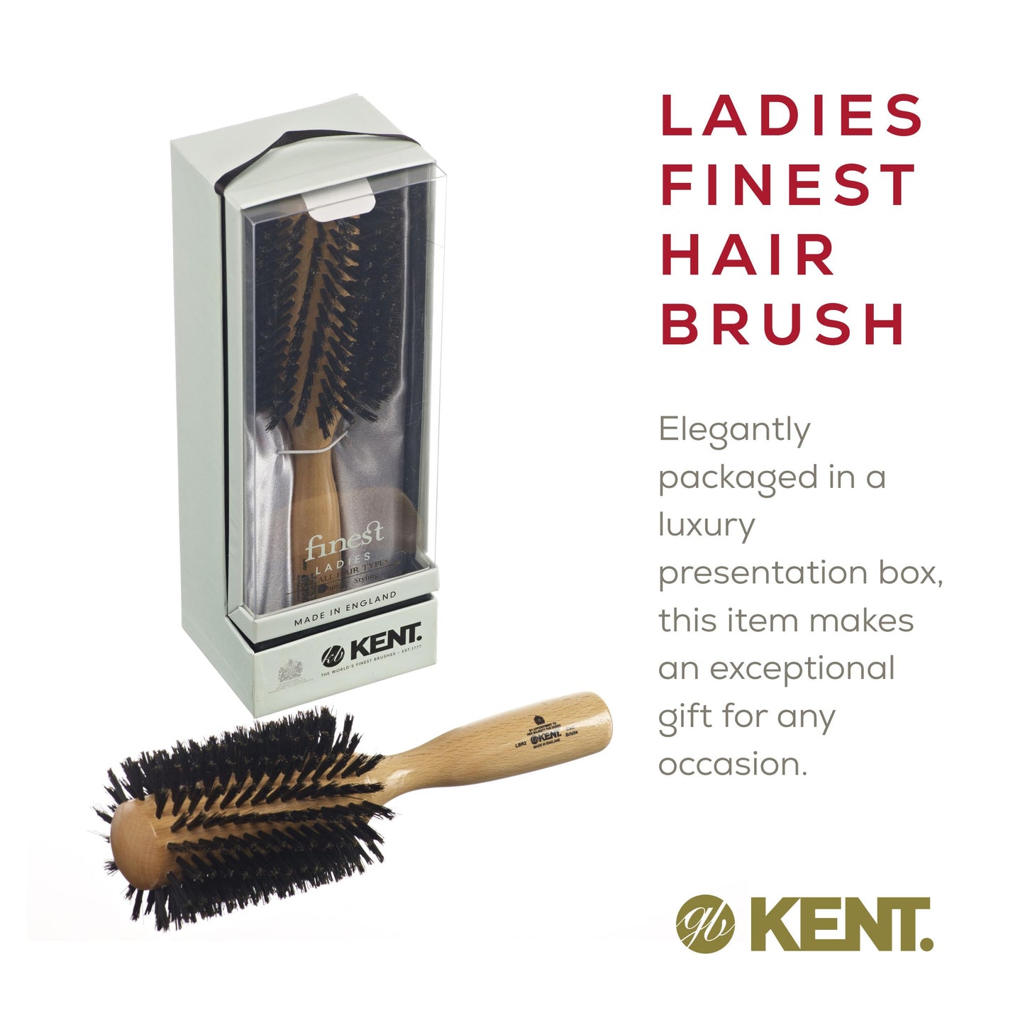 KENT LBR3 Finest Hair Brushes for Women Blow Dry Brush Made of Beechwood - Spiral Radial Boar Bristle Hairbrush for Long and Thick Hair - Royal Salon Style Straightening Pure Wood Brush from