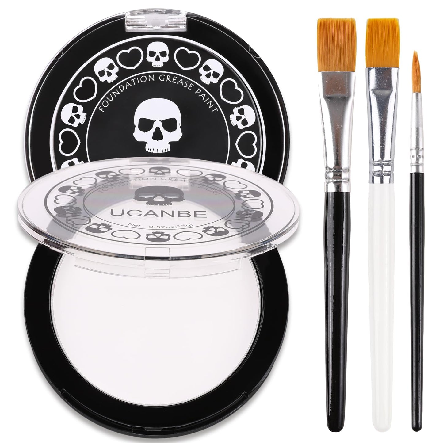 UCANBE Black White Face Body Paint with Painting Brush Kit, Cream-to-Powder Goth White Foundation + Black Greasepaint for Kids & Adult Halloween, SFX Makeup Set for Clown Skull Mime Cosplay & Costume