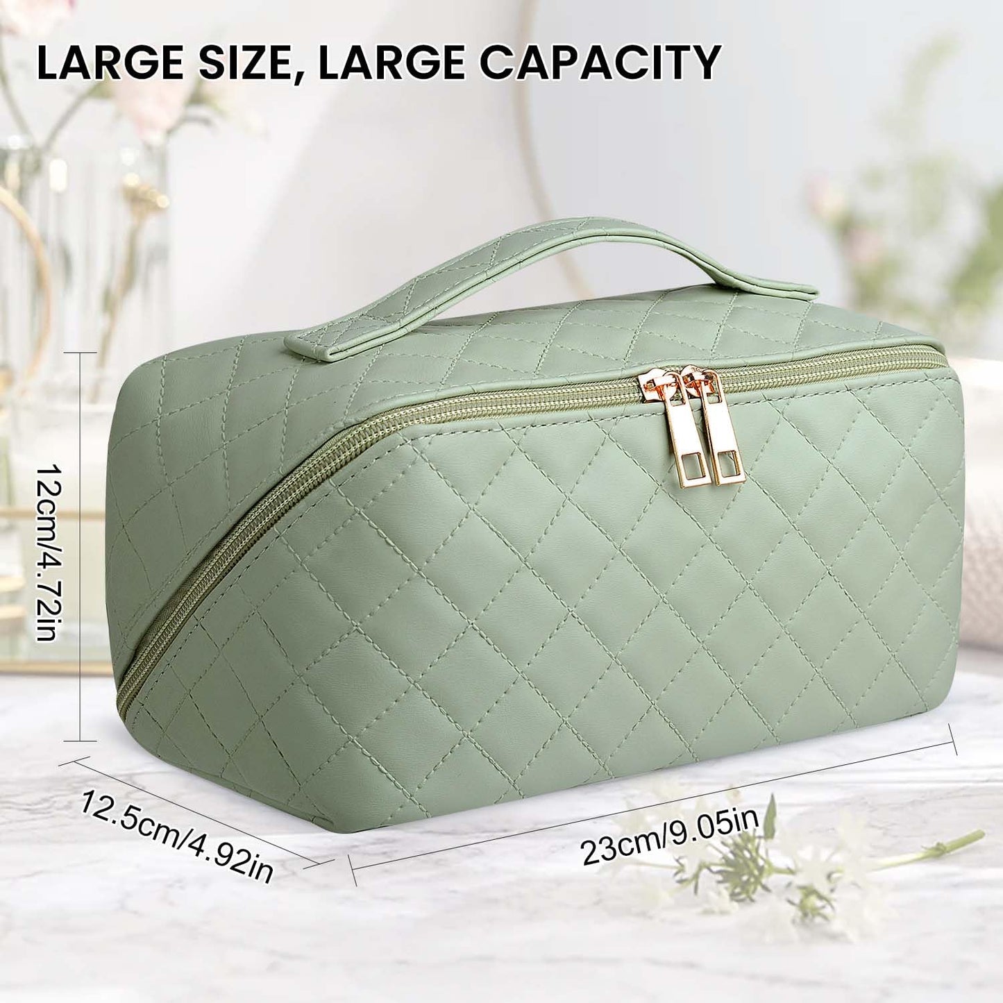 SLUKULU Large Travel Makeup Bag with Multiple Compartments, Waterproof and Easy to Clean. Cute Square Ladies Cosmetics Pouch with Carry Handle for Easy Carrying. (Diamond check/green)