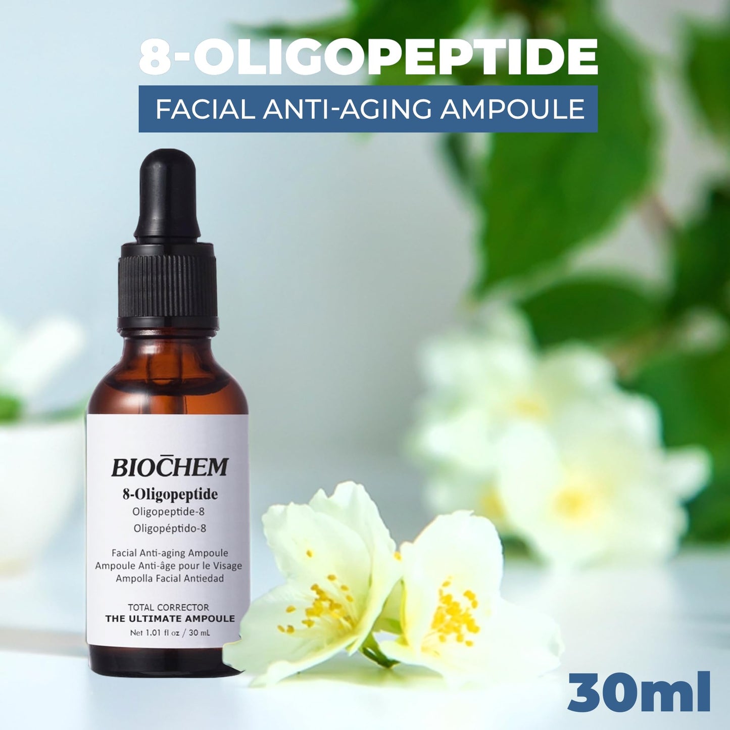 BIOCHEM 8-Oligopeptide Facial Anti-Aging Ampoule - 1.01 fl. oz / 30 ml, Wrinkle Reduction & Skin Firming Ampoule for Hydrating & Lifting