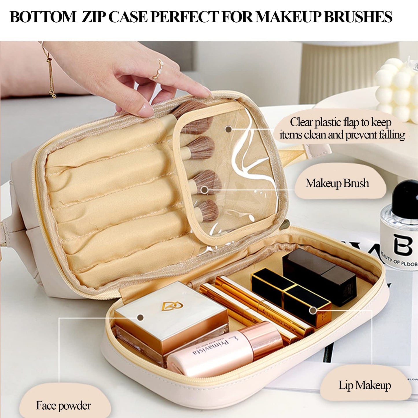 AUSEKALY Makeup Bag Travel Cosmetic Bag Double Layer Leather Toiletry Bag With Brush Bag For Women Girl High Capacity Make Up Bag Portable Waterproof Makeup Pouch White