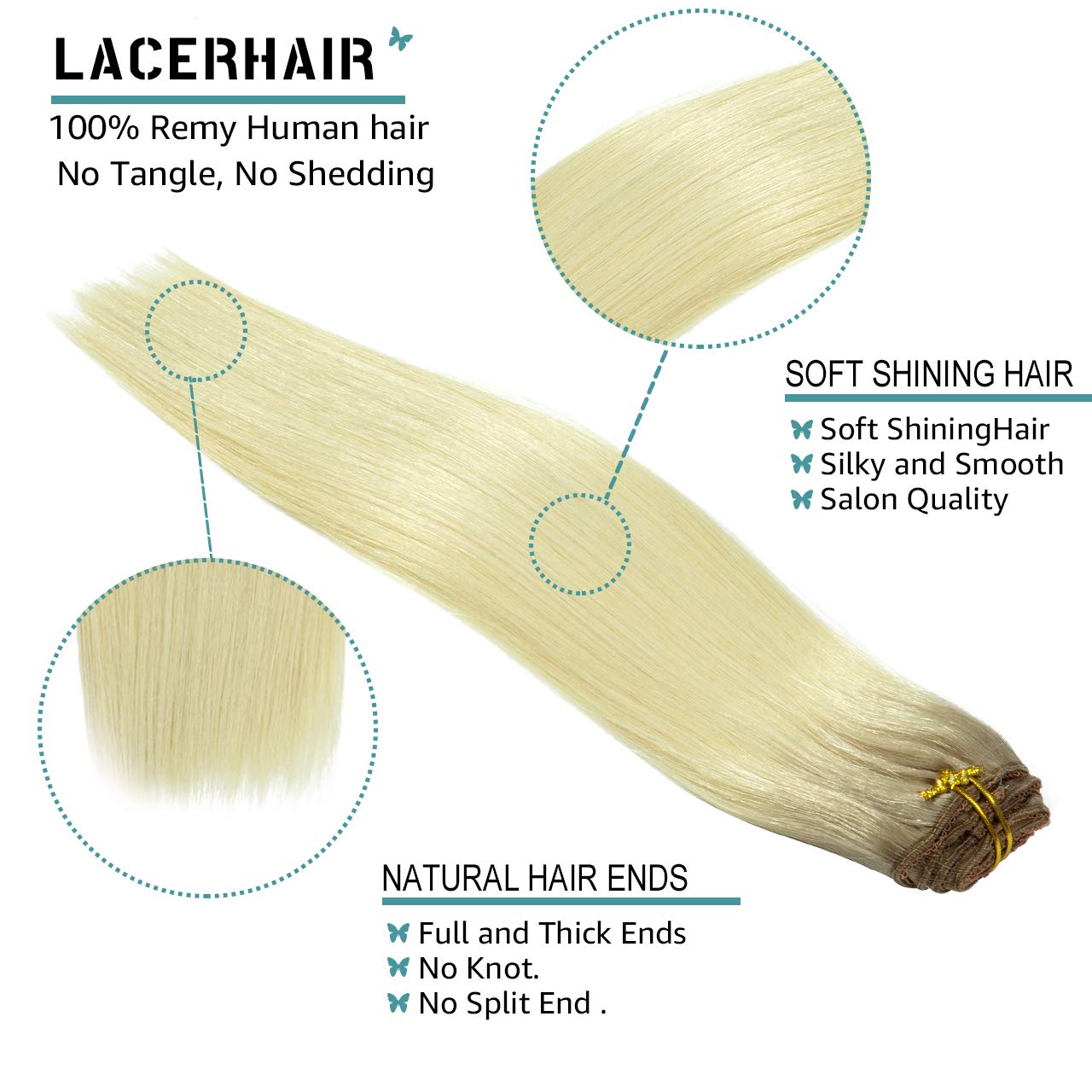 Lacer Real Human Hair Extensions Clip Ins Platinum Blonde with Lightest Brown Roots 120G with 16 Clips 7Pcs Lace Clip in hair 14 Inch