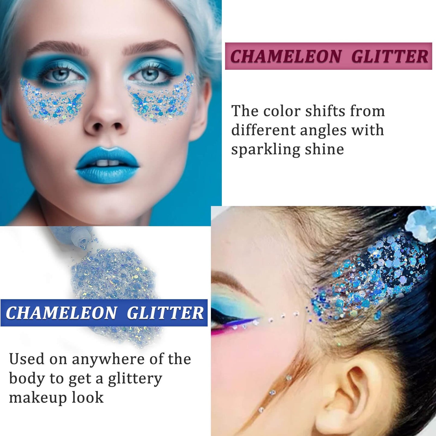 MEICOLY Chameleon Mermaid Blue Body Glitter,Chunky Face Glitter Paint,Color Changing Mermaid Face Glitter Gel,Holographic Glitter Sequin for Face Body Hair,Festival Party Cheer Glitter Makeup,50ml