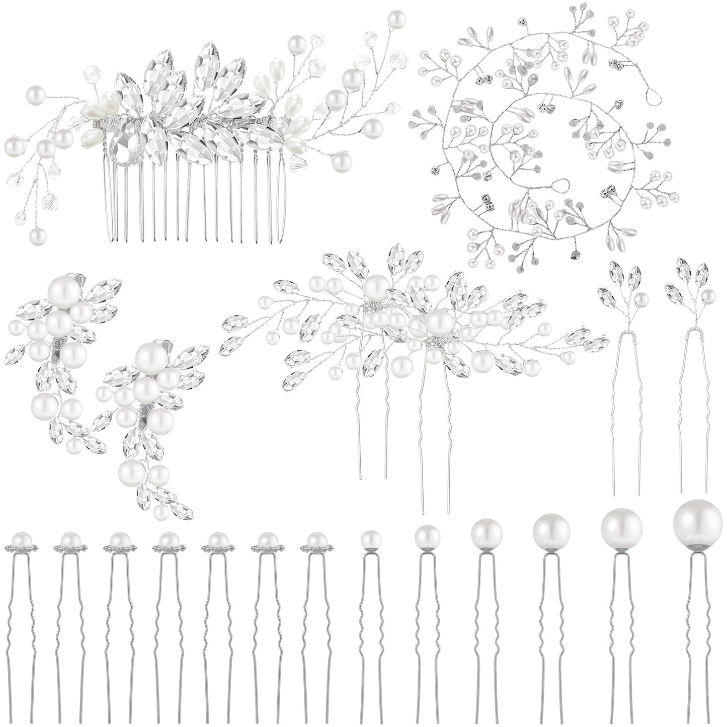 44 Pieces Bridal Hair Accessories - Faux Pearl Crystal Hair Combs, U-shaped Rhinestone Flower Clips for Bride and Bridesmaids (Fresh Style)