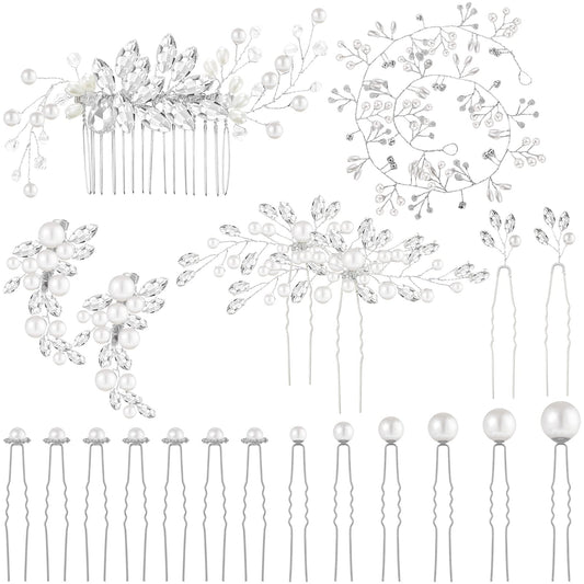 44 Pieces Bridal Hair Accessories - Faux Pearl Crystal Hair Combs, U-shaped Rhinestone Flower Clips for Bride and Bridesmaids (Fresh Style)