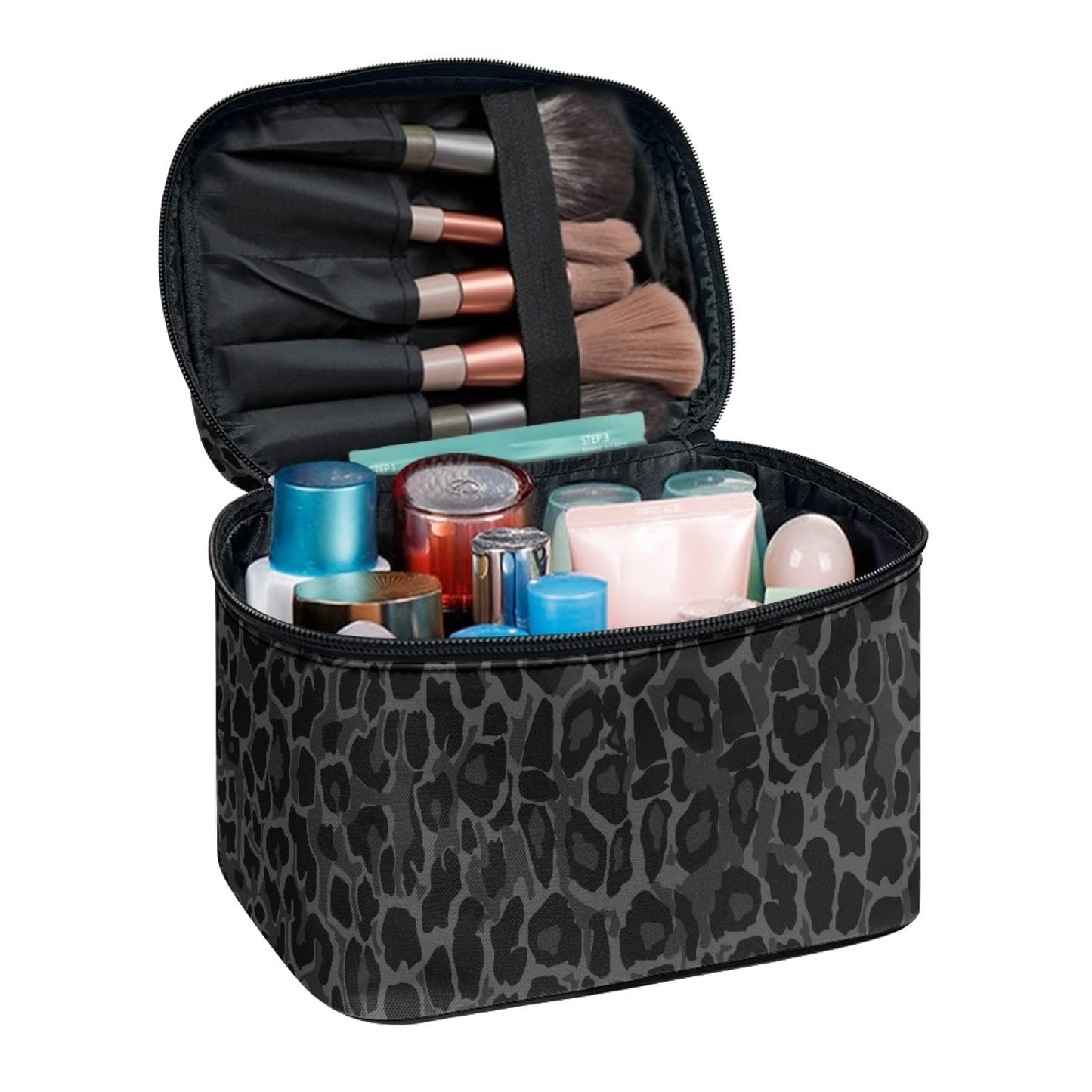 Horeset Black Leopard Print Makeup Bag Cosmetic Organizer Storage Pouch Purse Zipper Toiletry Bag with Handle and Inside Pocket