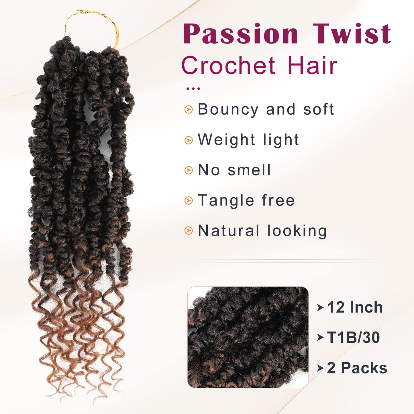 Passion Twist Crochet Hair,Passion Twist Hair 12 Inch,2 Packs Pretwisted Passion Twist Hair,Short Passion Twist Crochet Braids,Pre Looped Crochet Hair for Black Women(1B/30)