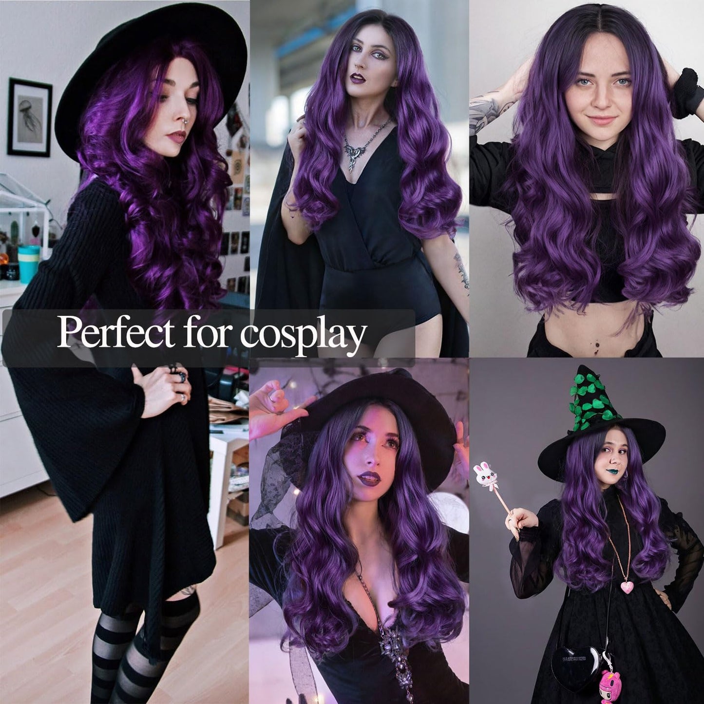 Fancy Hair Ombre Wig Purple Wigs Long Curly Wavy Hair Wigs Heat Resistant 2 Tones Dark Roots Synthetic Wigs for Black Women Daily Party Cosplay