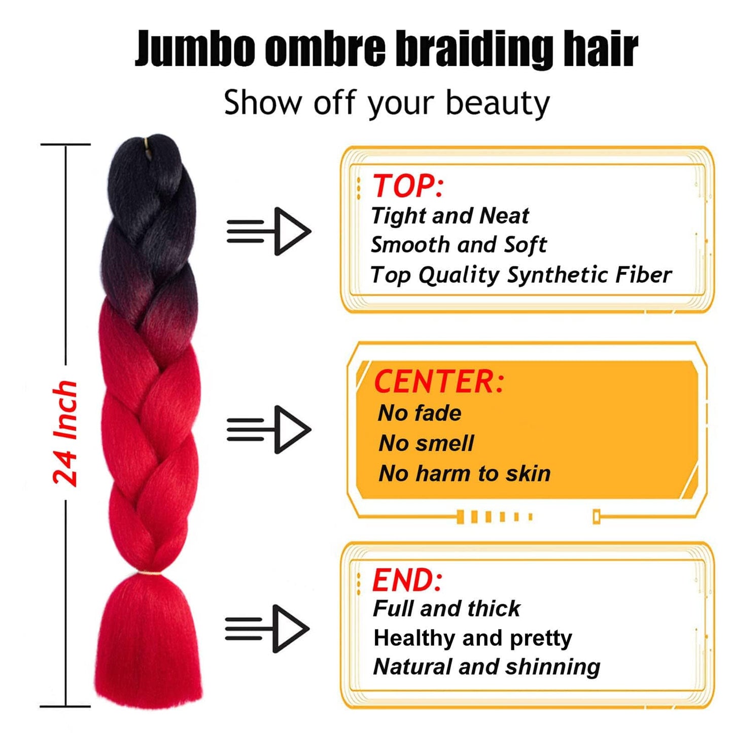 Ombre Braiding Hair Extensions for Women 6 Packs/24 Inch Braiding Hair Fiber Crochet Hair for Box Braids Senegal Twist Hair Extensions(24" (Pack of 6),black to red/B1)