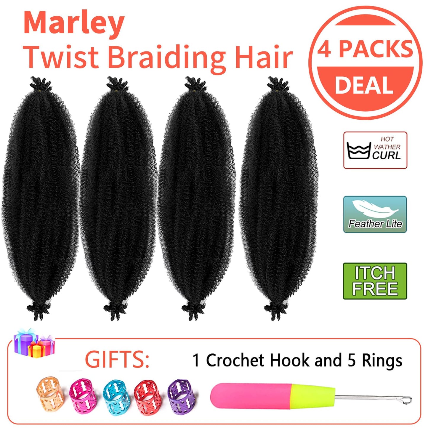 Anemoi Marley Twist Braiding Hair, 16 Inch 4 Packs Springy Afro Kinky Twist Hair For Braiding,Black Pre-Fluffed Spring Twist Hair, Twisted Up Marley Hair For Women Crochet Braids(16inch,4packs,1B#)