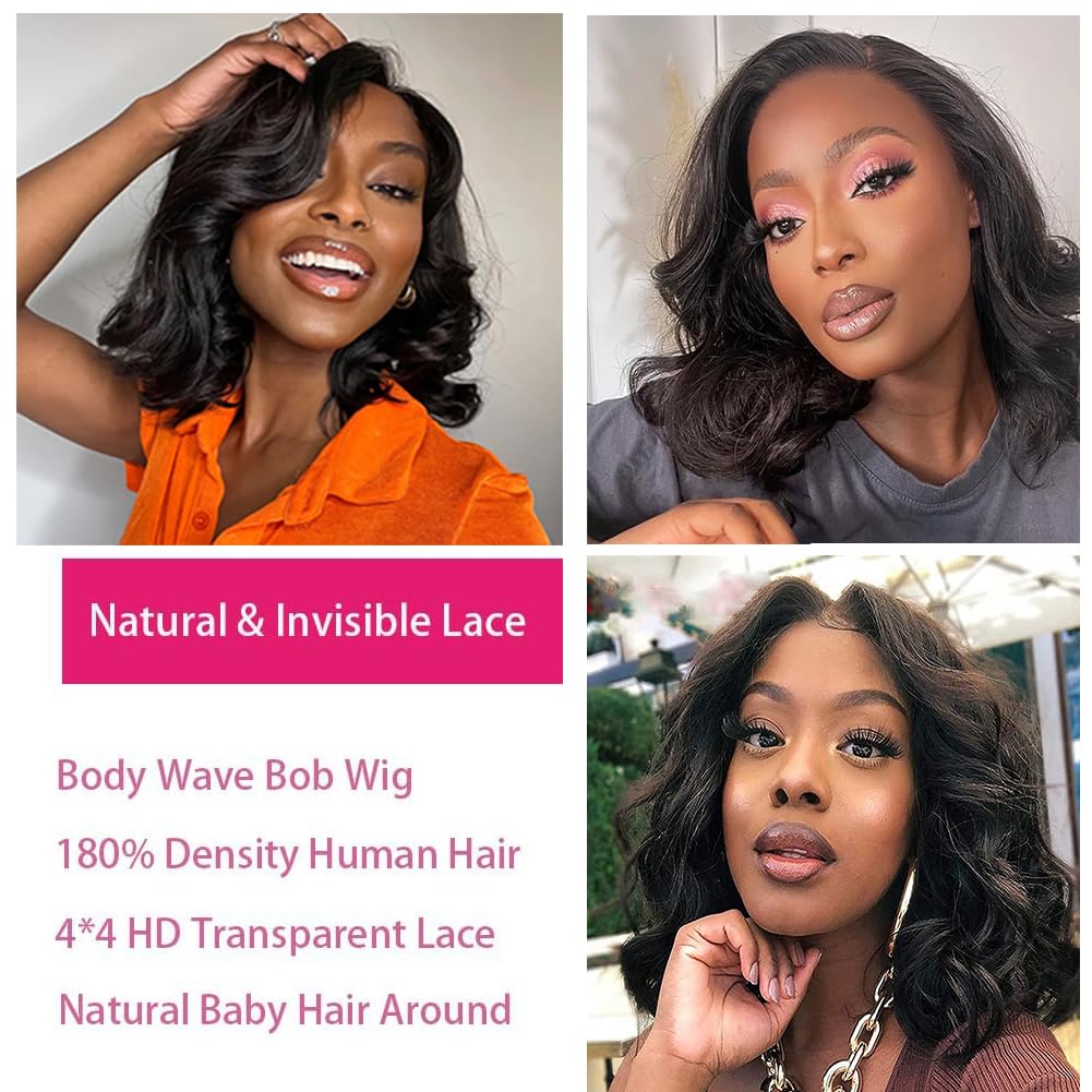 Glueless Short Bob Wig Pre Plucked Wear and Go Glueless Wig Body Wigs Lace Front Wigs Human Hair Upgraded No Glue 4x4 Lace Closure Wigs Human Hair for Black Women Natural Hairline (14lnch)