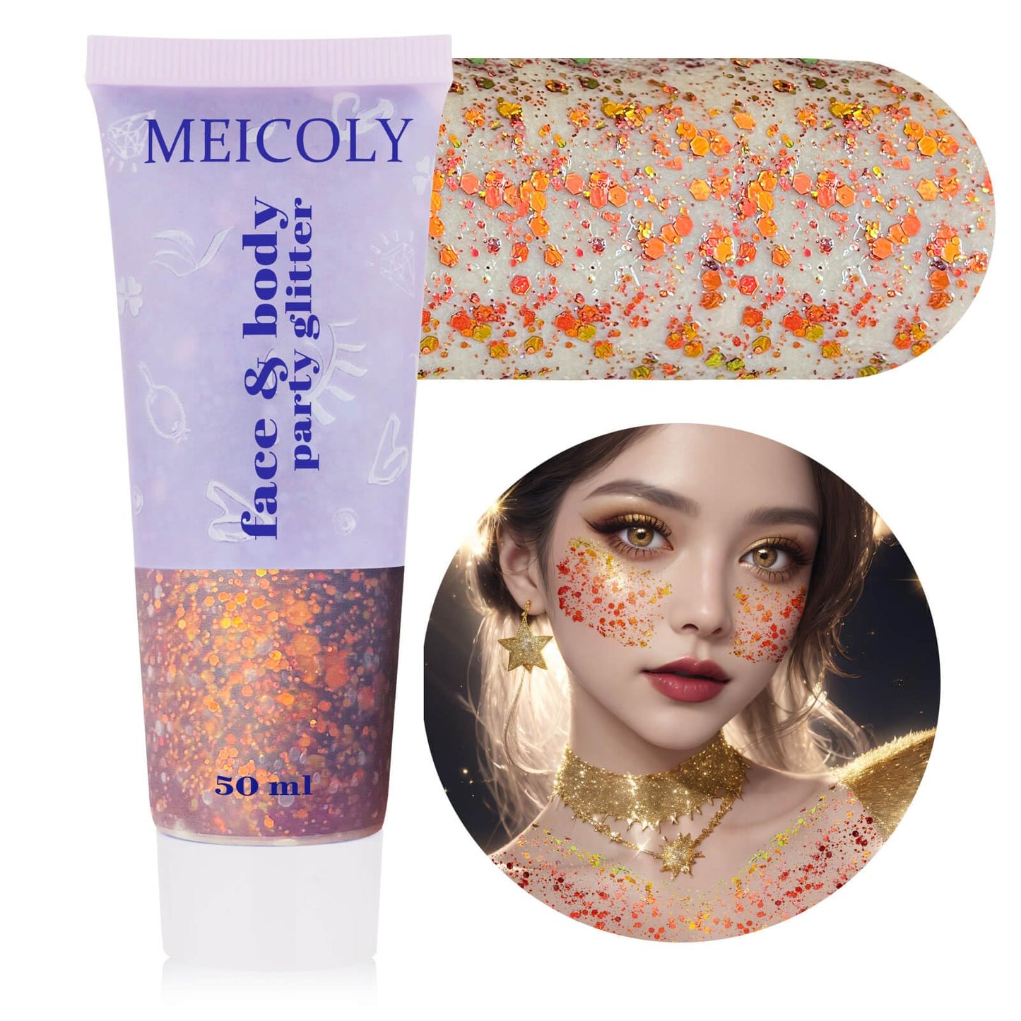 MEICOLY Chameleon Sunset Red Body Glitter,Chunky Glitter Paint,Color Changing Mermaid Face Glitter Gel,Holographic Glitter Sequin for Face Body Hair,Halloween Festival Party Glitter Makeup,50ml