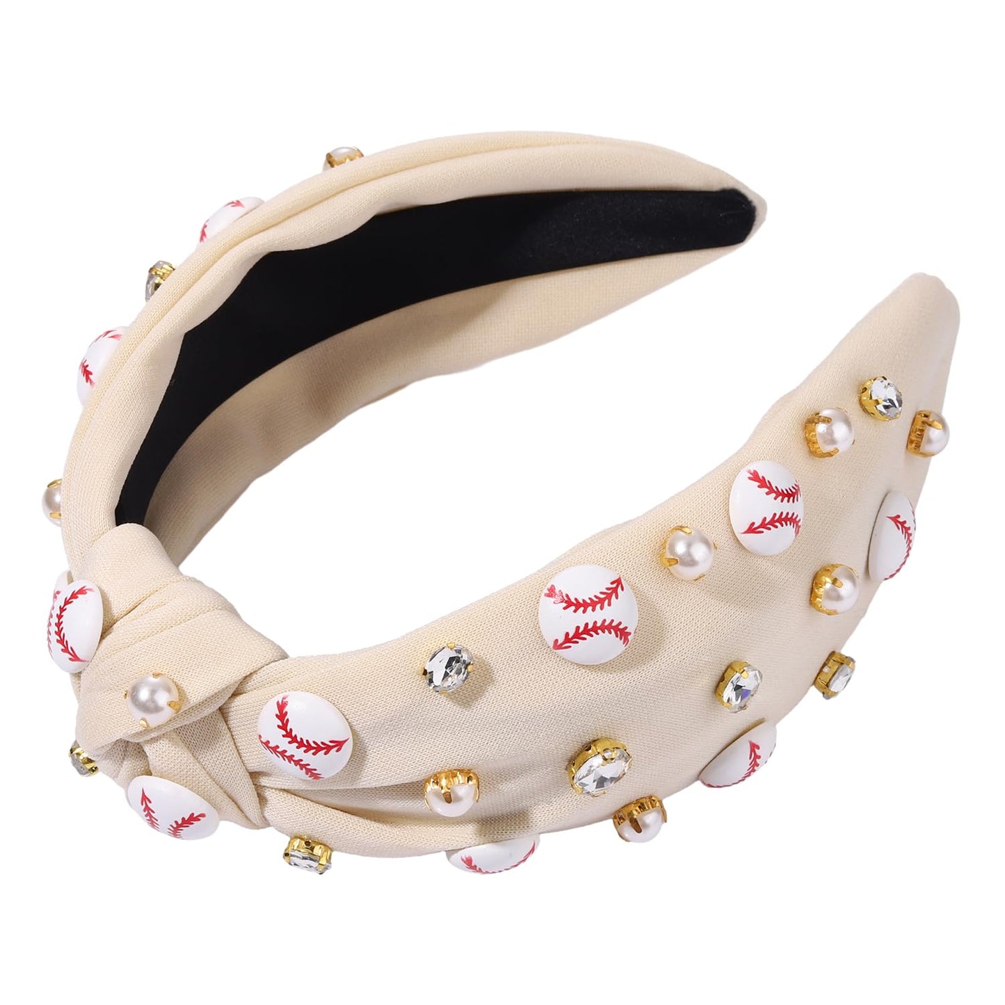 Baseball Headband for Women Crystal Pearl Knotted Headband Baseball Charms Rhinestone Beaded Embellished Headband Wide Top Knot Game Day Headband Accessories Sports Fan Gifts (Beige)