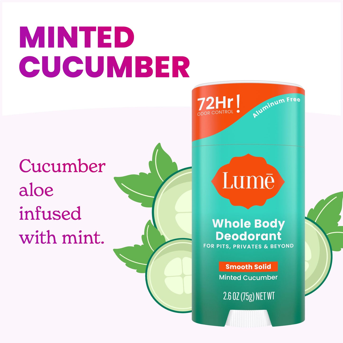 Lume Whole Body Deodorant - Smooth Solid Stick - 72 Hour Odor Control - Aluminum Free, Baking Soda Free and Skin Loving - 2.6 Ounce (Pack of 3) (Minted Cucumber)