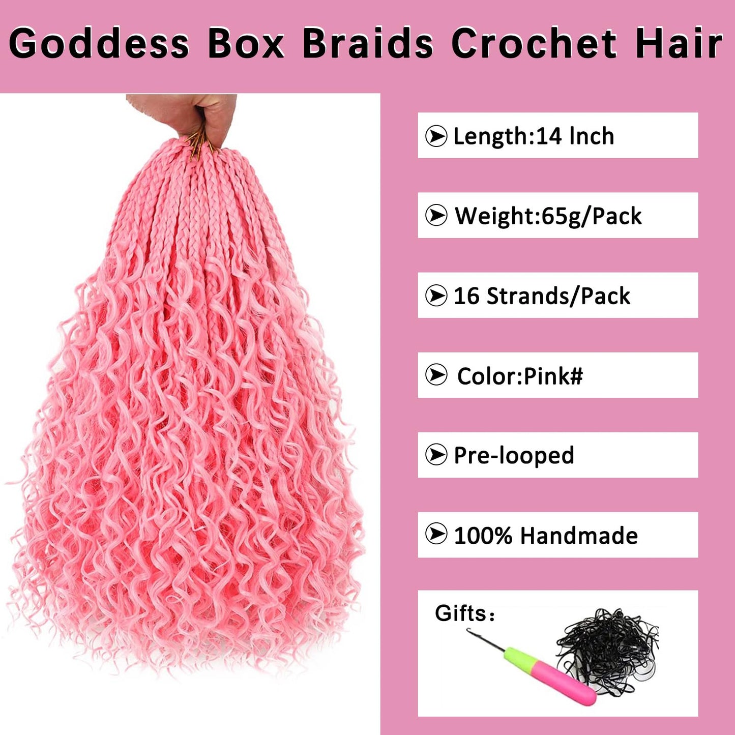 COOKOO 14 Inch Boho Box Braids 8 Packs Goddess Box Braids Crochet Hair Bohemian Hippie Braiding Hair With Curly Ends Messy Pre-looped Synthetic Crochet Hair for Black Women 128 Strands (Pink#)