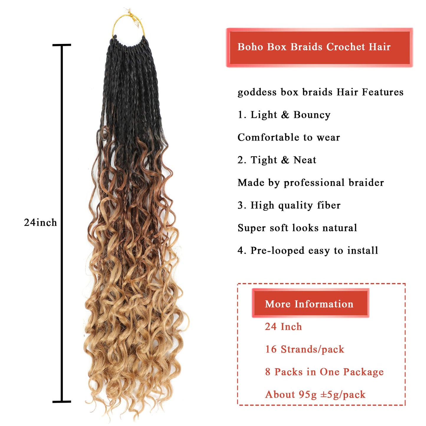 Liang Dian Goddess Box Braids Crochet Hair With Curly Ends 24 Inch 8 Packs Bohomian Braids Hair Crochet Braids for Black Women (24 Inch 1B/30/27)