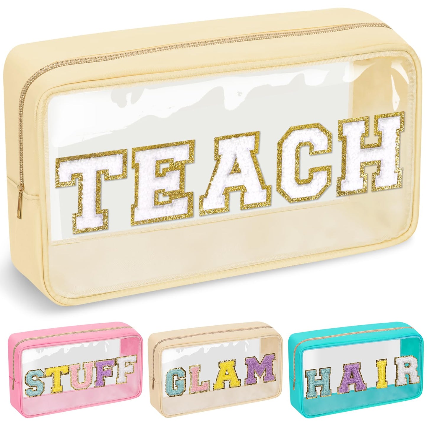 Teacher Appreciation Gifts Chenille Letter Clear Makeup Bag TEACH Pouch, Preppy Patch Makeup Bag with Zipper Graduation Retirement Birthday Cosmetic Bag Teacher Gifts Supplies for Women(TEACH-Beige)