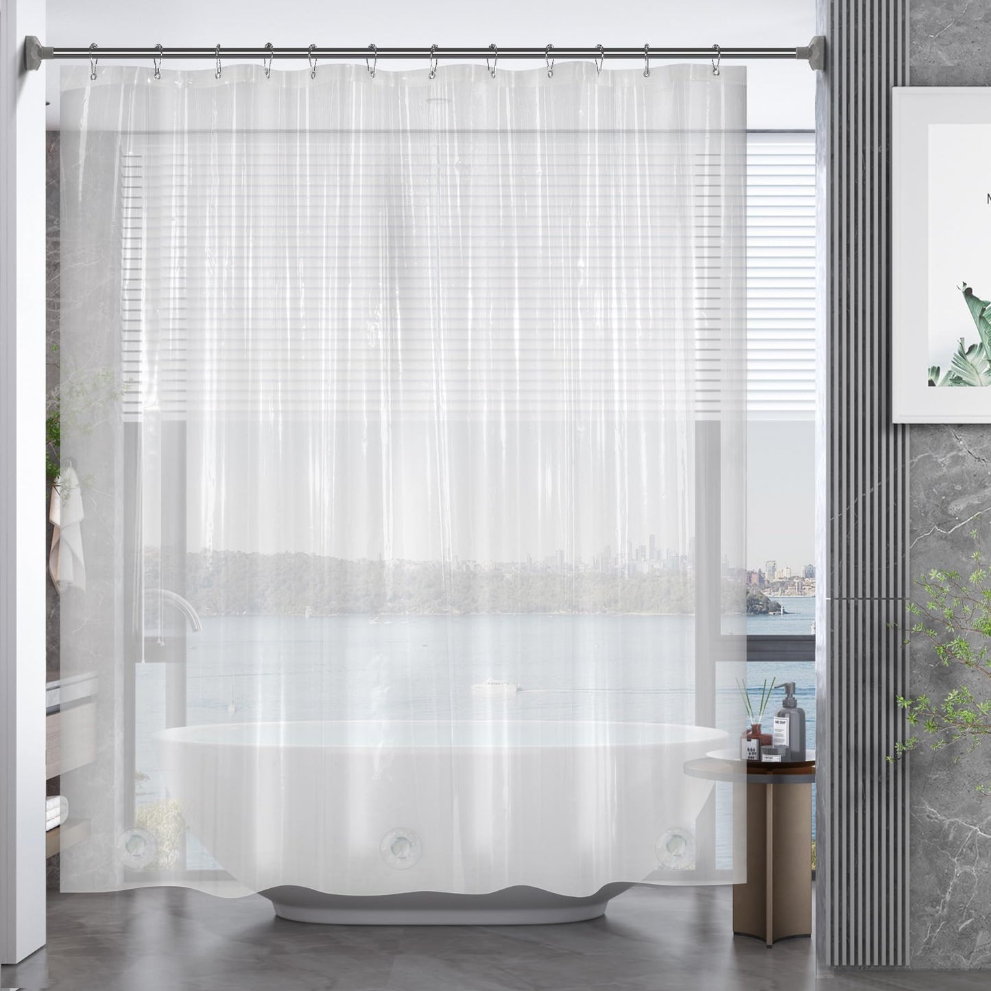 AmazerBath Short Shower Curtain Plastic, 72 x 65 Inches PEVA Clear Shower Curtain, Waterproof Heavy Duty Thick Bathroom Curtain with 3 Big Clear Weighted Stones and 12 Rustproof Grommet Holes