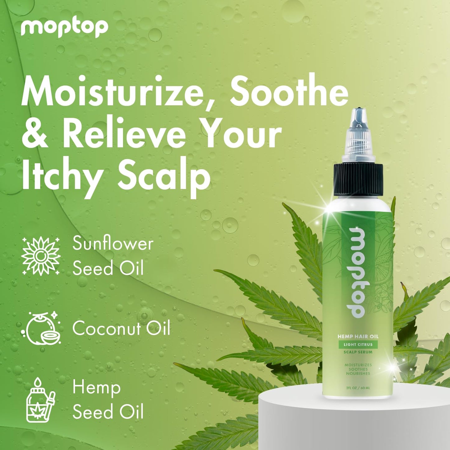 MopTop Hemp Seed Oil for Hair, Scalp Treatment, Soothes & Moisturizes, Natural Ingredients Scalp Serum, 2fl oz. (60mL), Light Citrus Scent