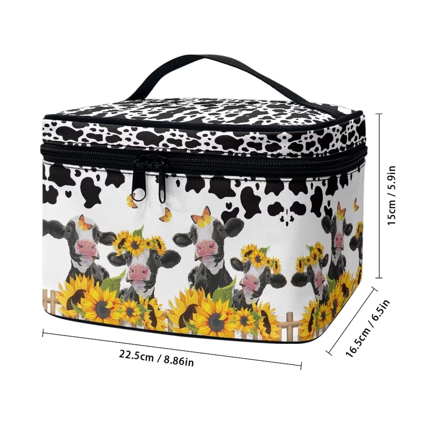 JEOCODY Cosmetic Bags for Women Sunflower Cow Print Portable Cosmetic Bag Multifunction Artist Storage Bag with Dividers for Cosmetics Makeup Brushes, Girls, Women, Friends Gifts