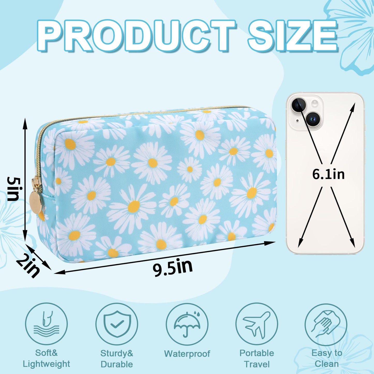 Waterproof Small Floral Makeup Bag Pouch for Purse,Nylon Flower Cosmetic Bag Preppy Travel Toiletry Storage Bag for Women Girl,Cute Makeup Organizer Bag Skincare Bag with Zipper(Small Blue-Daisy)