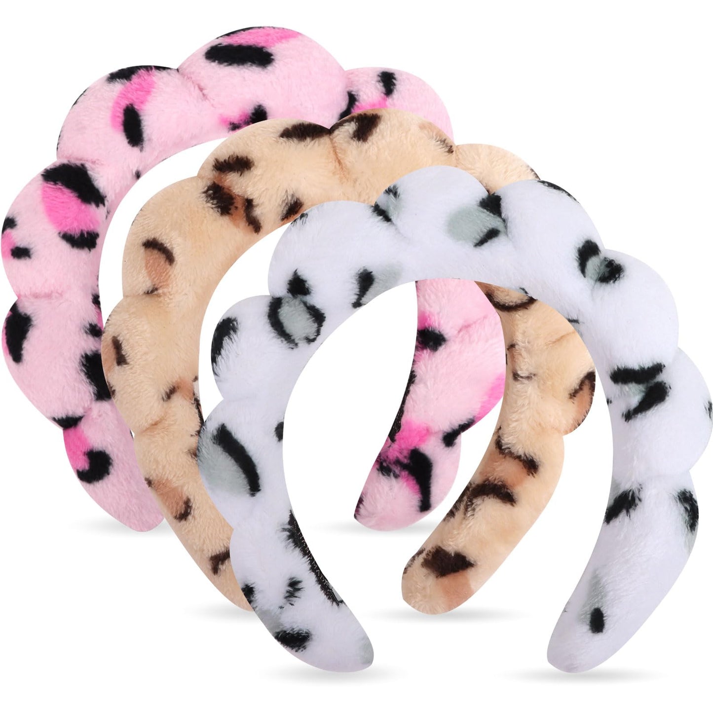 Wecoe 3pcs Skincare Headband For Washing Face Spa Makeup Face Wash Headband Cute Pink Khaki White Cheetah Leopard Printed Puffy Sponge Bubble Headband Hair Accessories For Women Girls Kids Teens Gifts