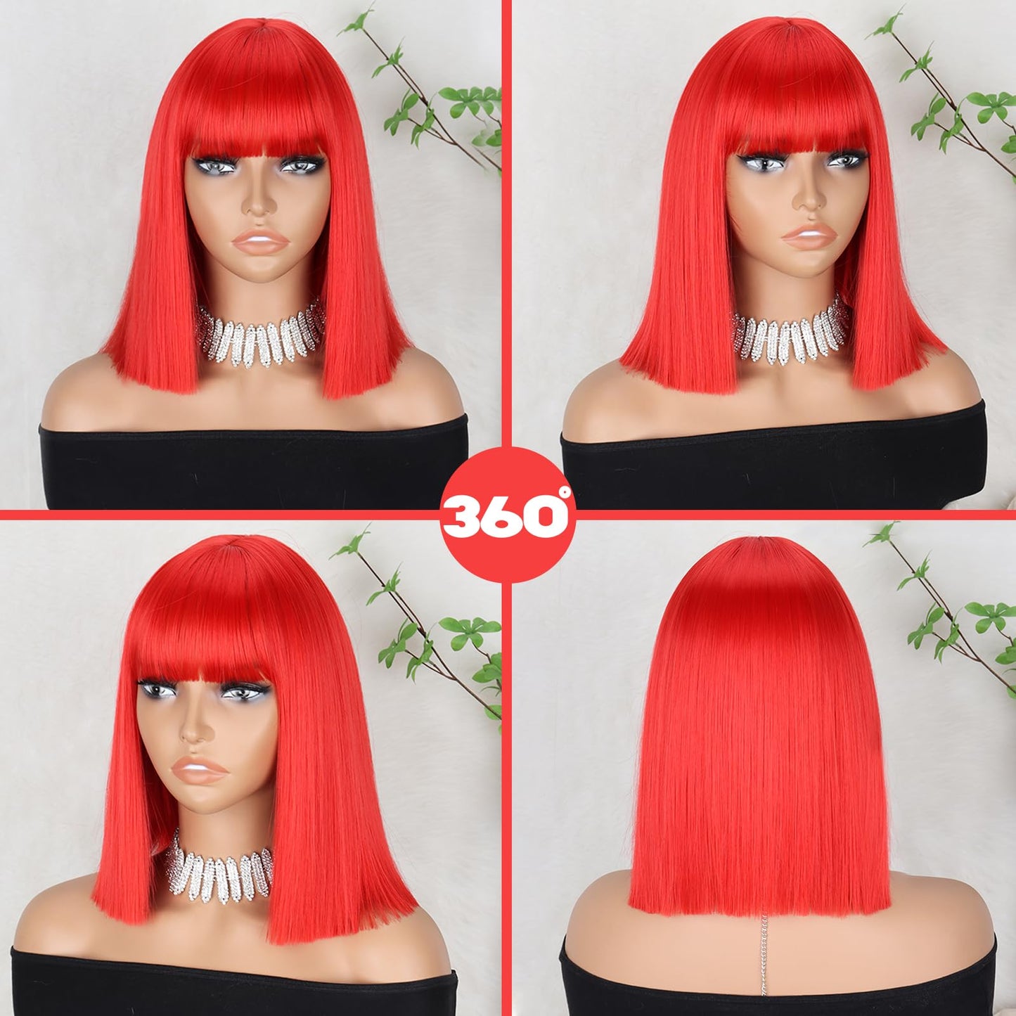 MERISIHAIR Short Red Bob Wig with Bangs Synthetic Straight Red Wigs for Women 11inch Cosplay Party Wig for Daily Use