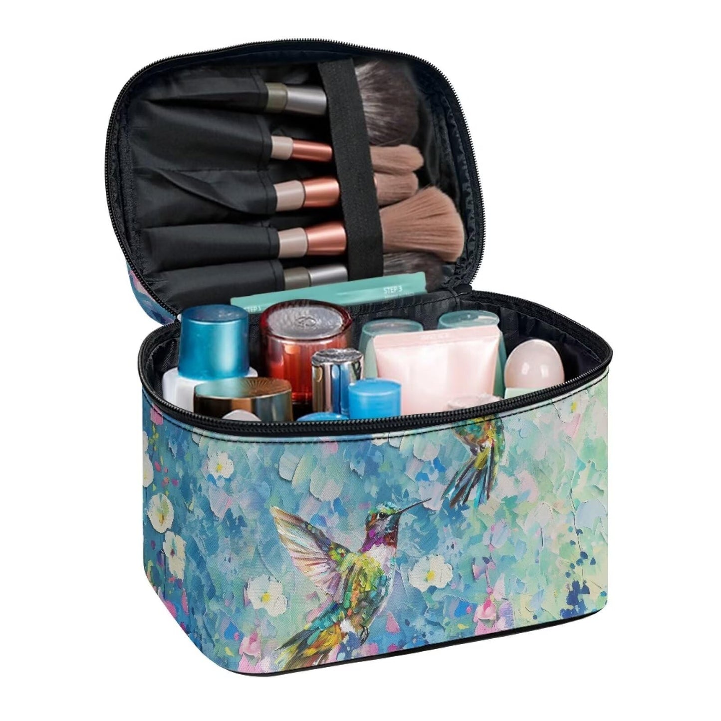 Psaytomey CMakeup Bags for Women Hummingbird Flower Printed Travel Cosmetic Organizer Large Capacity Toiletries Accessories Brush Holder Zipper Case with Top Handle