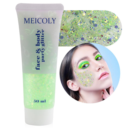 MEICOLY Chameleon Lime Green Body Glitter,Chunky Face Glitter Paint,Color Changing Mermaid Face Glitter Gel,Holographic Glitter Sequin for Face Body Hair,Festival Party Cheer Glitter Makeup,50ml