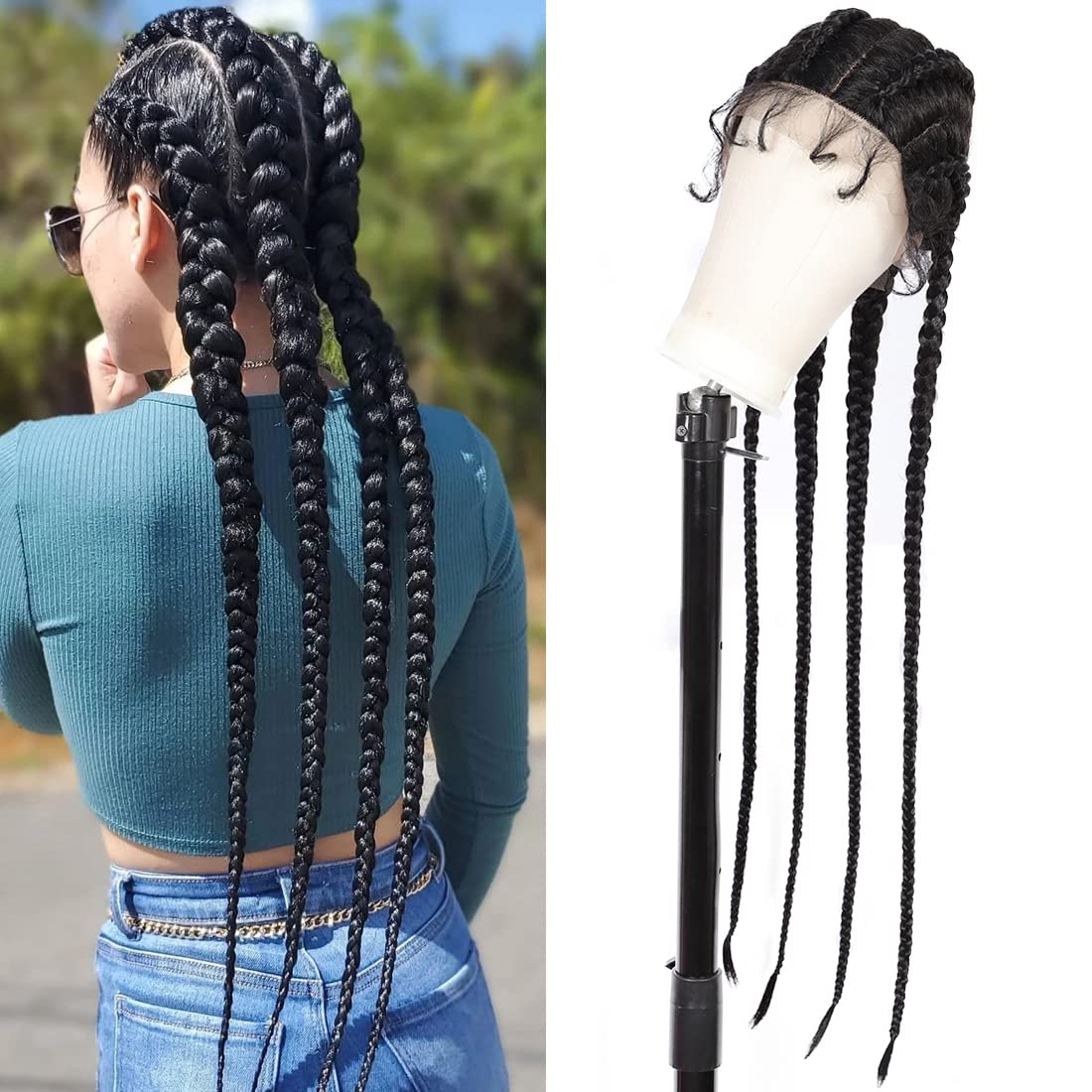 Kalyss 35" Hand-Braided Human Hair Blended Lace Front Box Braided Wigs with 360 Lace Front Black Double Dutch Braided Wigs for Women Heat Resistant Lightweight Twisted Braids Wig