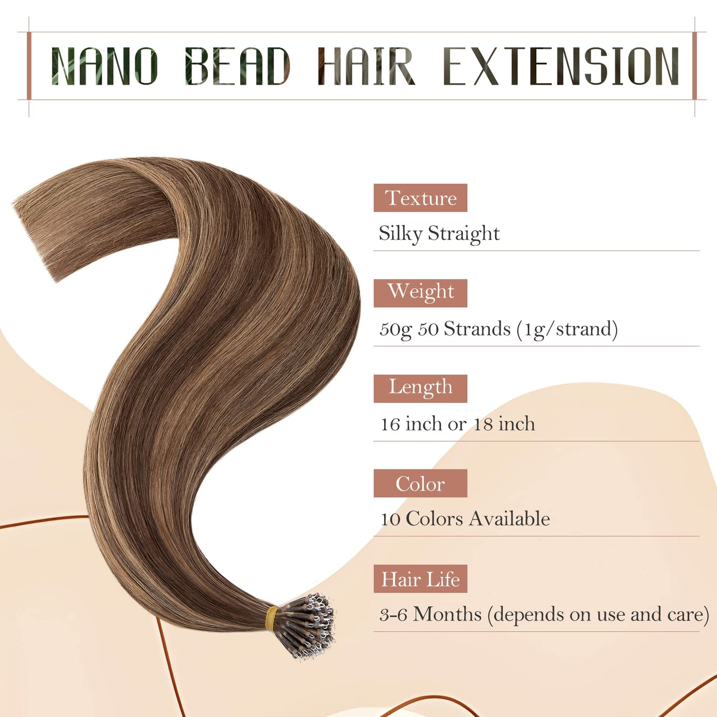 Nano Bead Hair Extensions Human Hair 20 Inch Nano Ring Hair Extension 100% Real Human Hair, Natural Can be Washed Curled Dyed Permed, 50 Strands 50g #4P27 Medium Brown & Dark Blonde