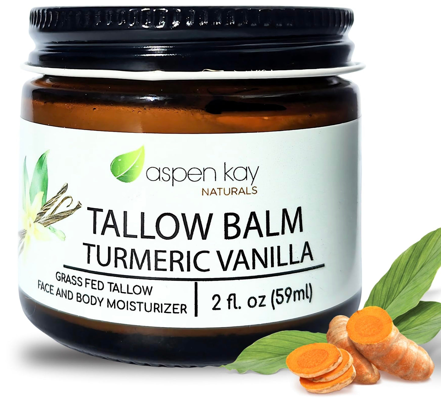 Aspen Kay Naturals Handmade Beef Tallow Moisturizer Cream (Vanilla Turmeric) | 100% Grass Fed Beef Tallow for Skin | Tallow Balm with Natural & Organic, Herb-Infused Ingredients |Made in USA | 2 fl oz