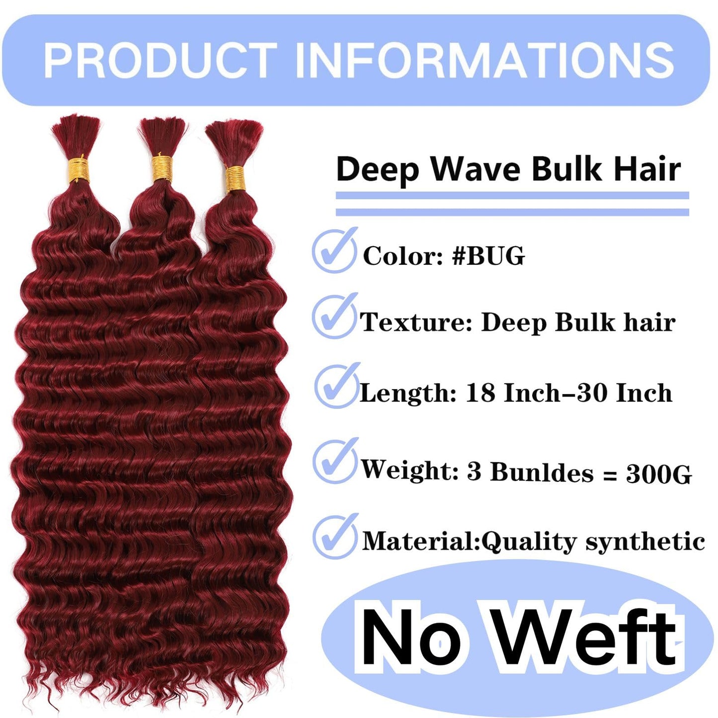 Deep Wave Bulk Braiding Hair No Weft Deep Wave Bulk Hair for Braiding Micro Quality Synthetic Braiding Hair for Boho Braids Wet and Wave (3Pack 20Inch 300g BUG)