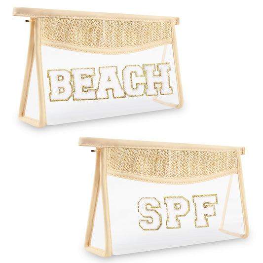 2 Pcs Boho Straw Clear Makeup Letter Bag BEACH Pouch, Sunscreen Bags for Beach Travel Small Cute Chenille Letter SPF Bag Pouch,Waterproof Beach Toiletry Sun Bag Beach Accessories for Women(BEACH+SPF)