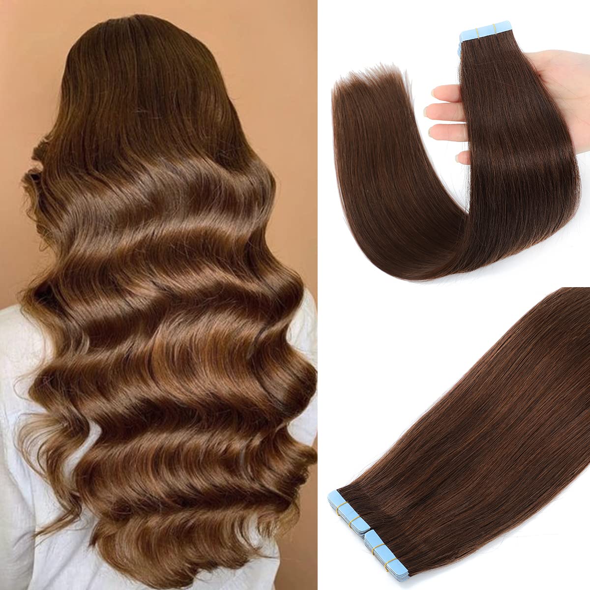 Tape in Hair Extensions Human Hair 100% Real Remy Human Hair 50g 20pcs/Set Brazilian Virgin Hair Straight Seamless Invisible Skin Weft Extensions (22 Inch,#4 Chocolate Brown)